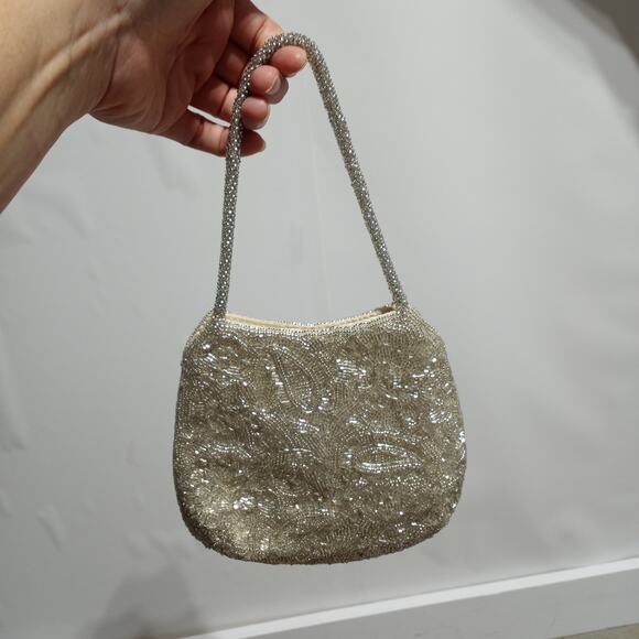 La Regale Vintage Silver Fully Beaded Purse With Fully Beaded Straps - Picture 2 of 7